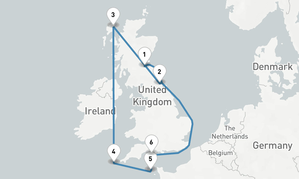 10 nights / 11 days, one-way from Edinburgh (Leith, Scotland) to Newcastle (England)
