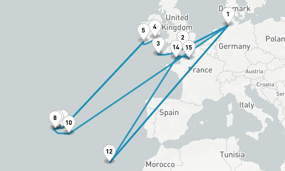 20 nights / 21 days, one-way from Cuxhaven to Honfleur