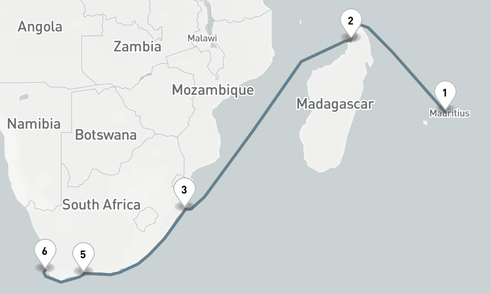 16 nights / 17 days, one-way from Port Louis (Mauritius Island) to Cape Town