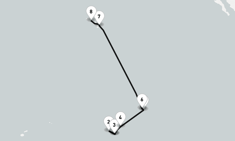 14 nights / 15 days, one-way from Papeete (Tahiti Island, French Polynesia) to Honolulu (Oahu Island, Hawaii)