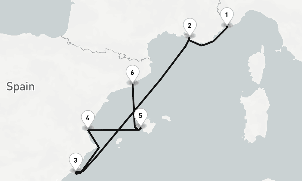 6 nights / 7 days, one-way from Monte Carlo (Monaco, France Riviera) to Barcelona