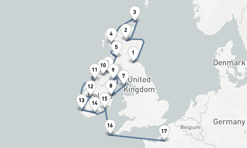 18 nights / 19 days, one-way from Edinburgh (Leith, Scotland) to Rouen