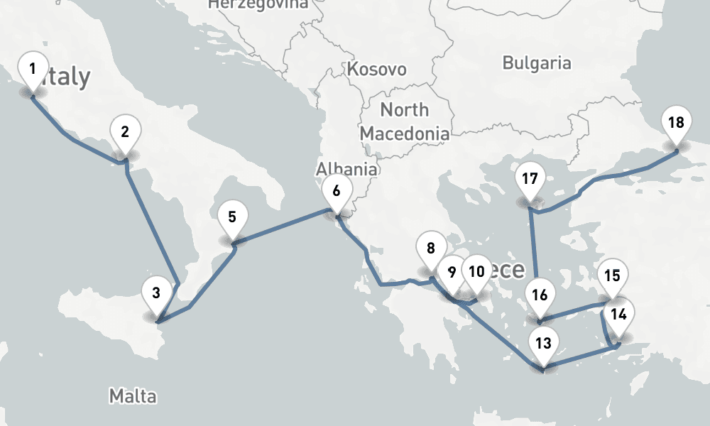 16 nights / 17 days, one-way from Civitavecchia (Rome, Italy) to Istanbul