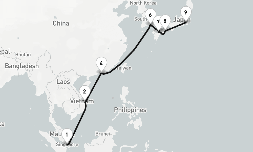 16 nights / 17 days, one-way from Singapore to Tokyo