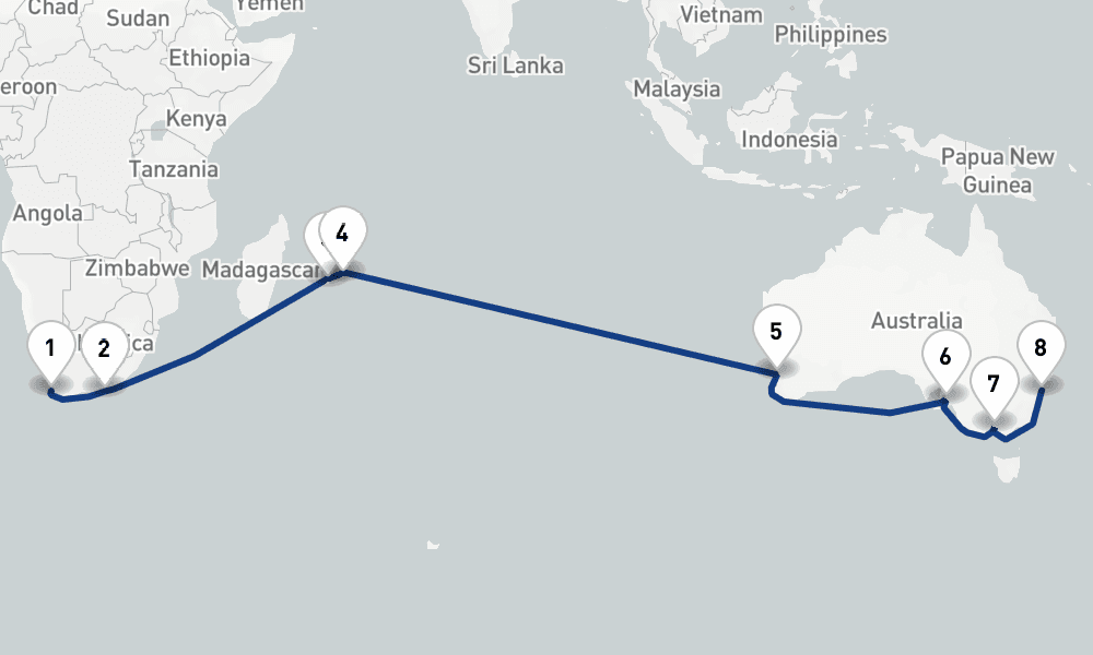 26 nights / 27 days, one-way from Cape Town to Sydney (NSW, Australia)