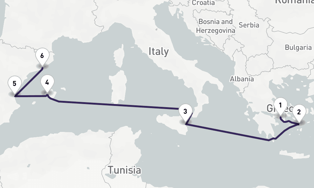 7 nights / 8 days, one-way from Piraeus (Athens, Greece) to Barcelona