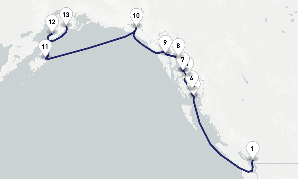 14 nights / 15 days, one-way from Vancouver (BC Canada) to Seward (Alaska)