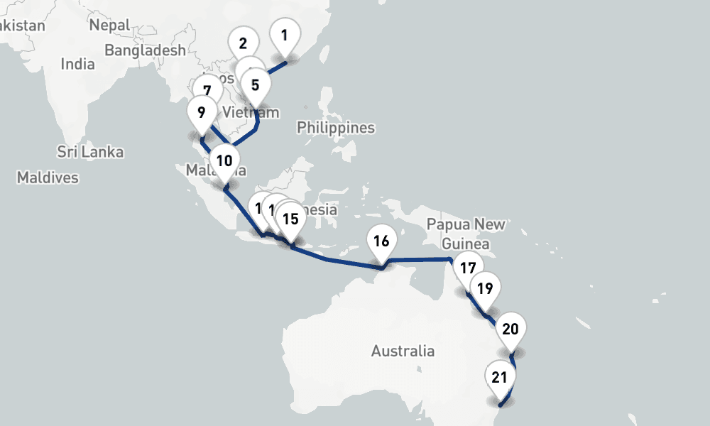 34 nights / 35 days, one-way from Hong Kong to Sydney (NSW, Australia)