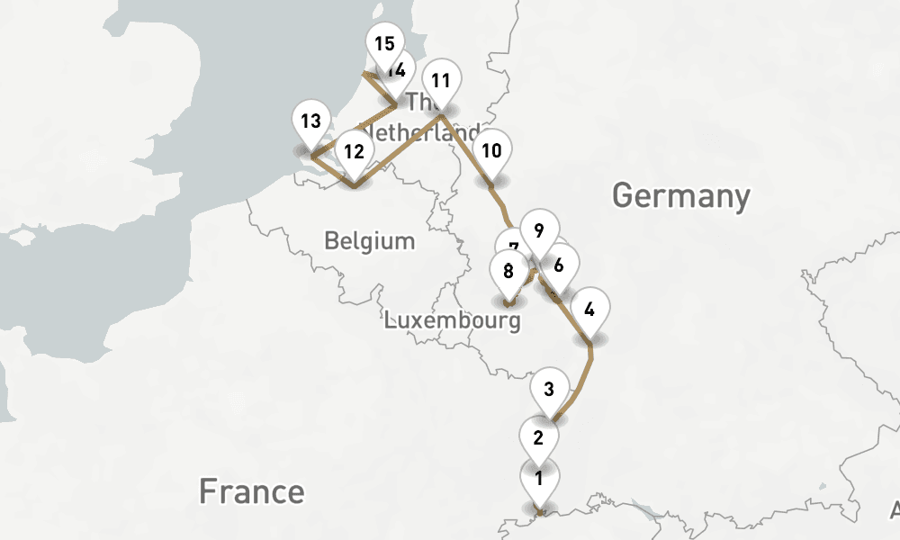 14 nights / 15 days, one-way from Basel to Amsterdam (Holland)