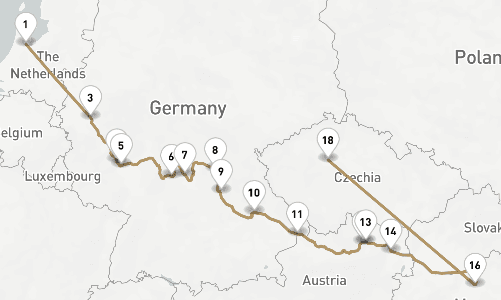 17 nights / 18 days, one-way from Amsterdam (Holland) to Prague (Czech Republic)