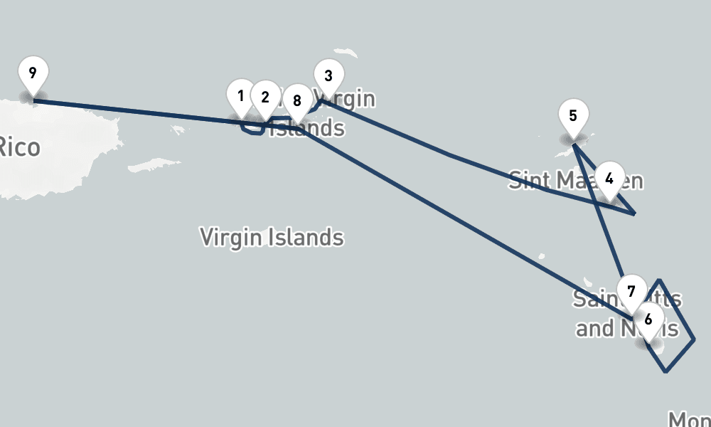 7 nights / 8 days, one-way from Saint Thomas Island (Charlotte Amalie, USVI) to San Juan (Puerto Rico)