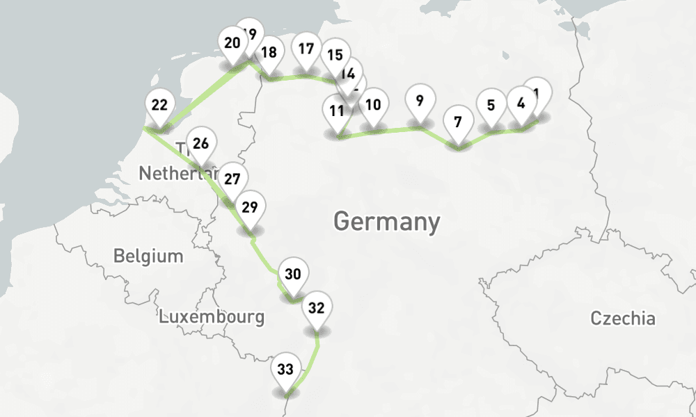 17 nights / 18 days, one-way from Berlin to Strasbourg