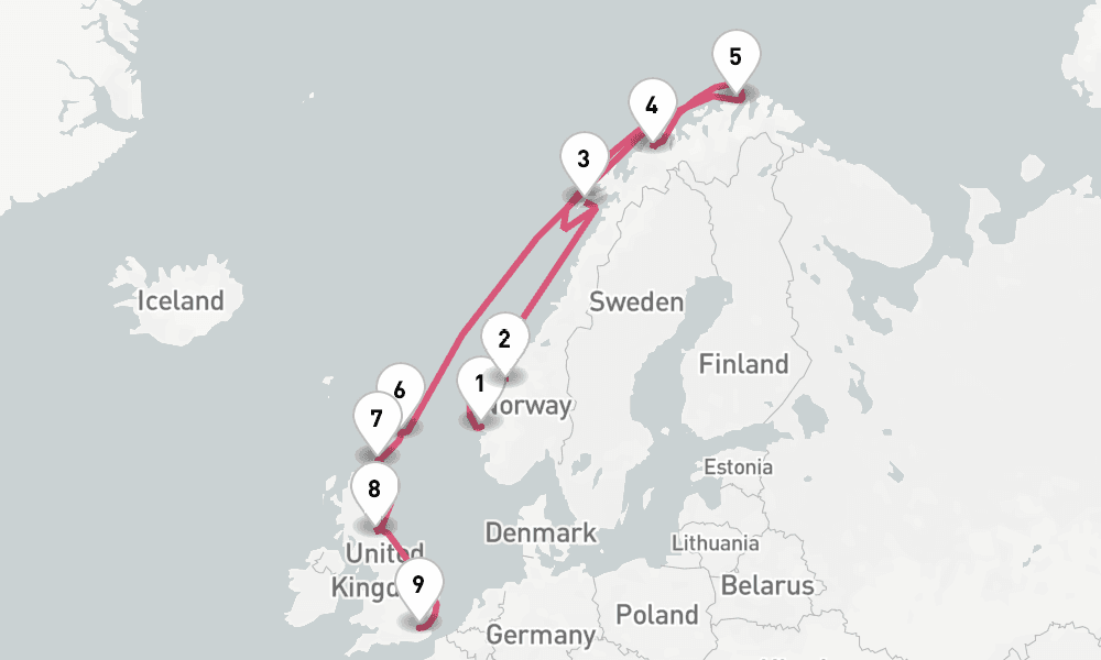14 nights / 15 days, one-way from Bergen to Tilbury (London, England)
