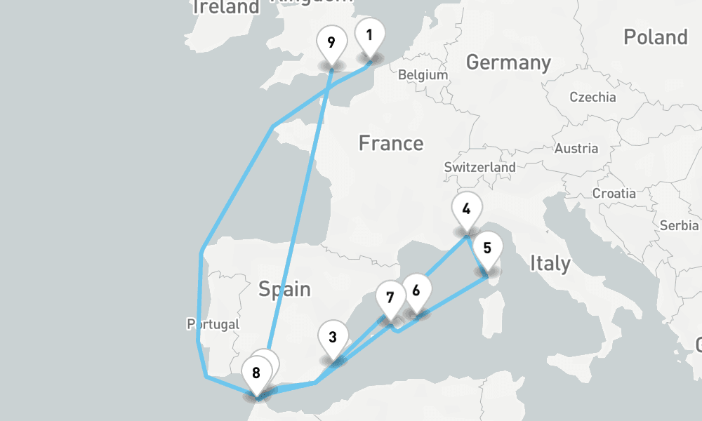 16 nights / 17 days, one-way from Dover (England) to Portsmouth (England)