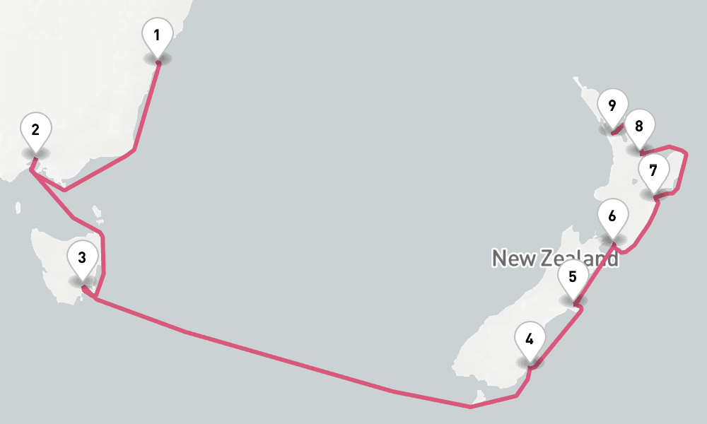 14 nights / 15 days, one-way from Sydney (NSW, Australia) to Auckland