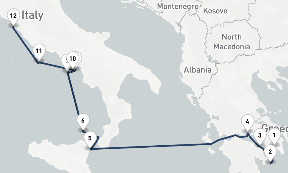 10 nights / 11 days, one-way from Piraeus (Athens, Greece) to Civitavecchia (Rome, Italy)