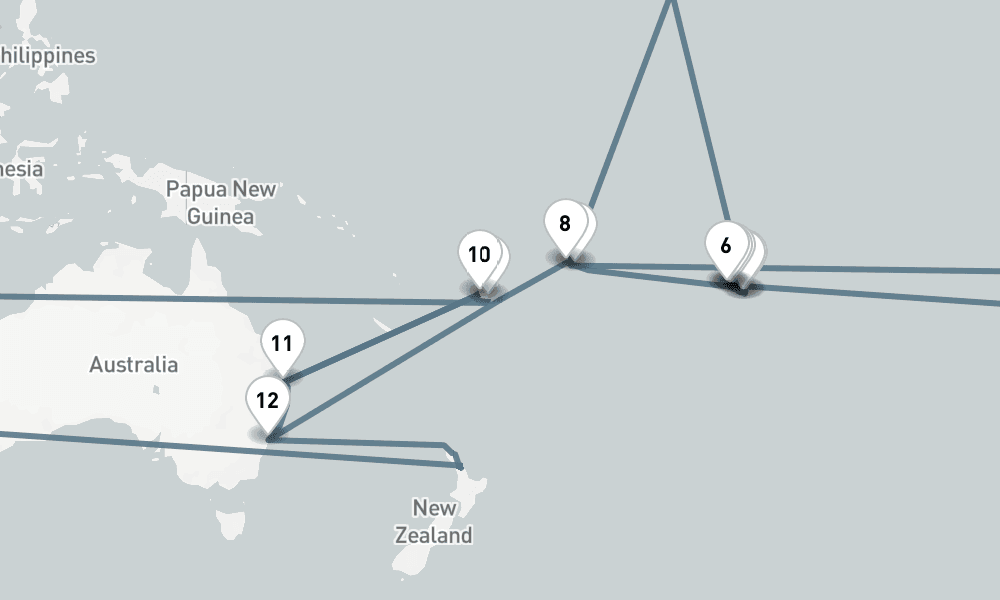 21 nights / 22 days, one-way from Papeete (Tahiti Island, French Polynesia) to Sydney (NSW, Australia)