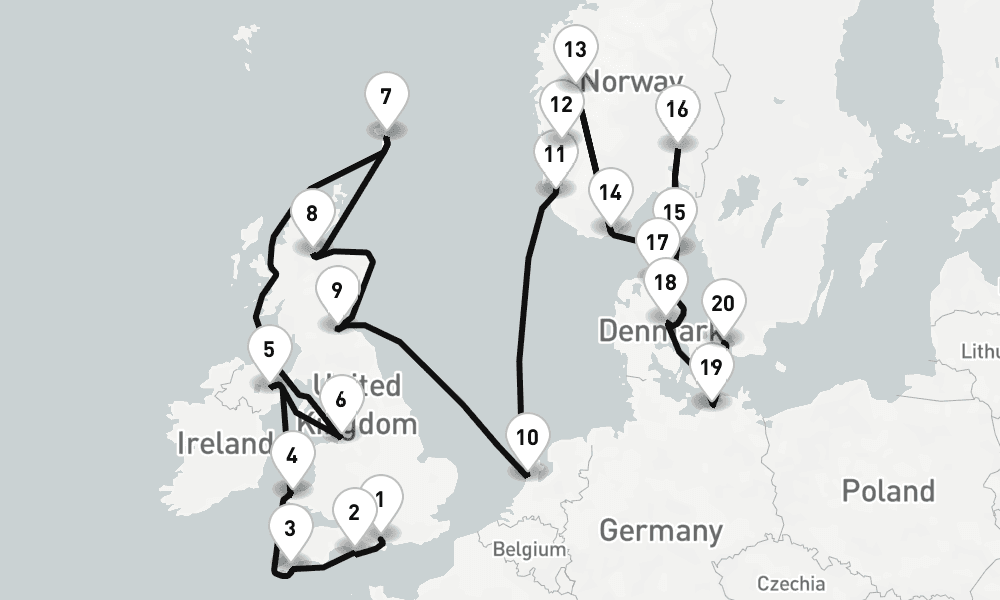 23 nights / 24 days, one-way from Southampton (England) to Copenhagen