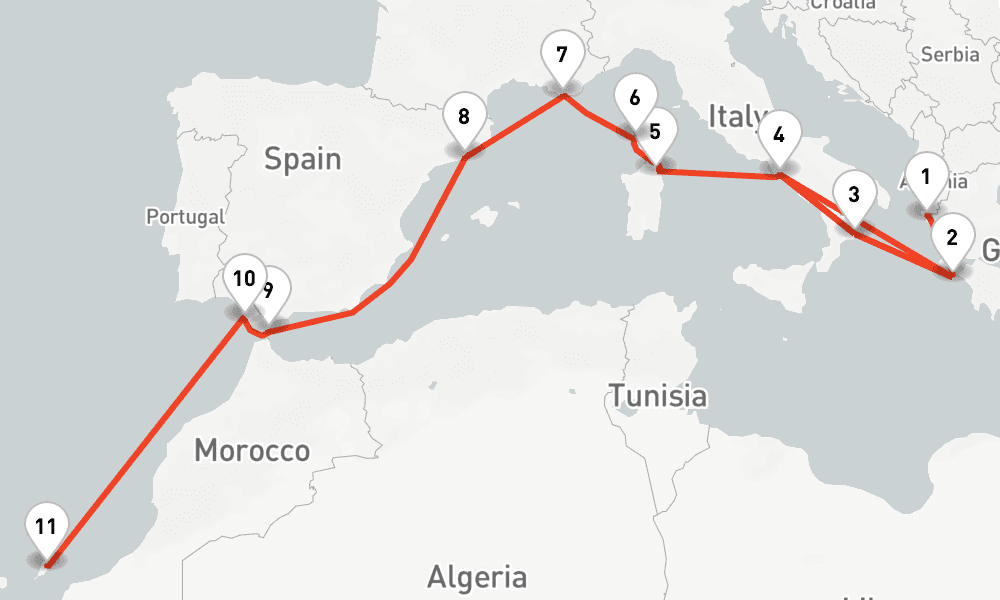 13 nights / 14 days, one-way from Corfu Island to Puerto del Rosario (Fuerteventura, Canary Islands)