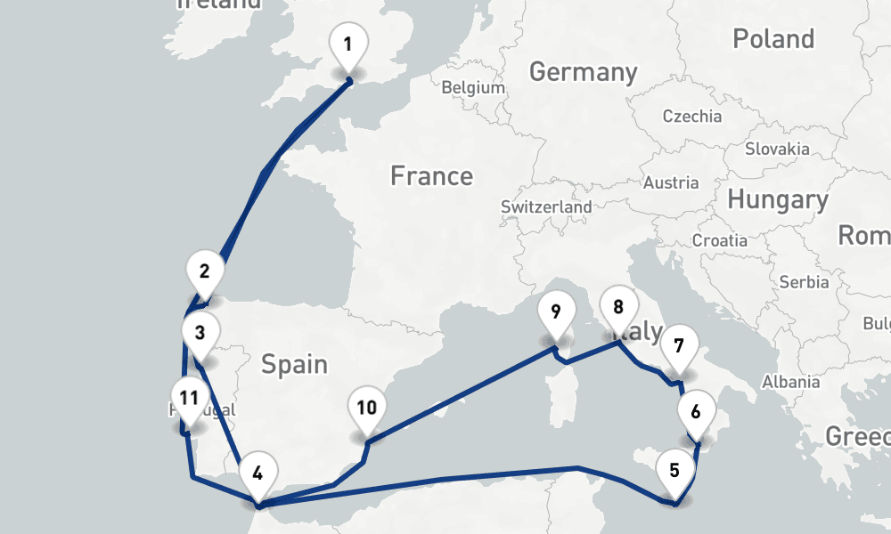 19 nights / 20 days, Southampton (England) Round trip