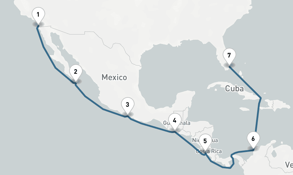 15 nights / 16 days, one-way from San Diego (California) to Miami (Florida)