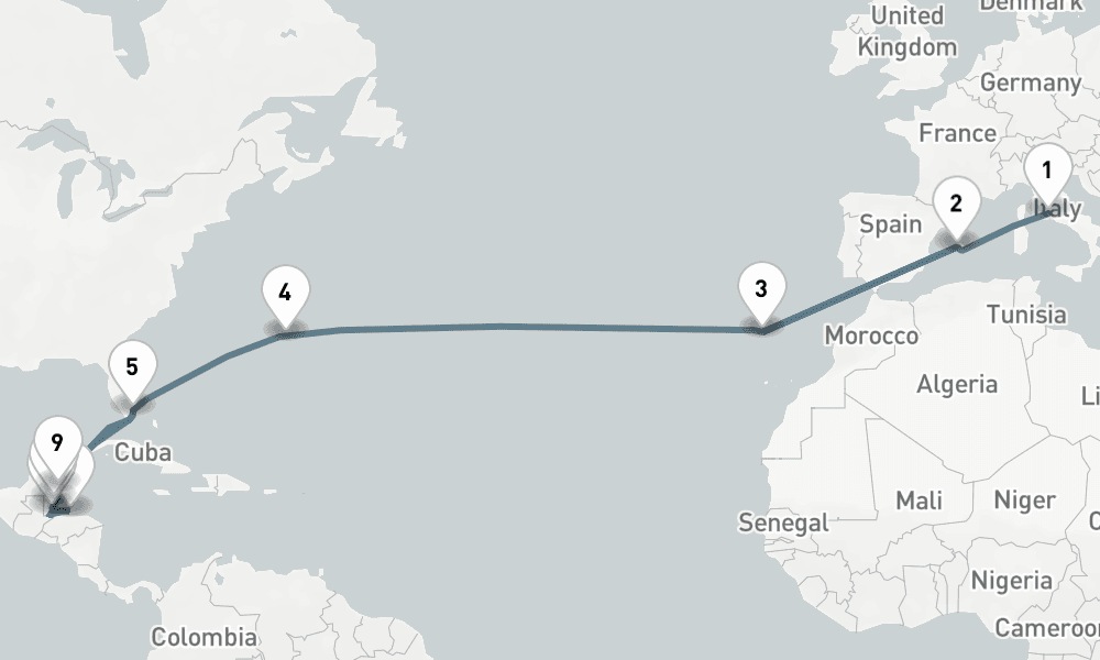 21 nights / 22 days, one-way from Civitavecchia (Rome, Italy) to Miami (Florida)