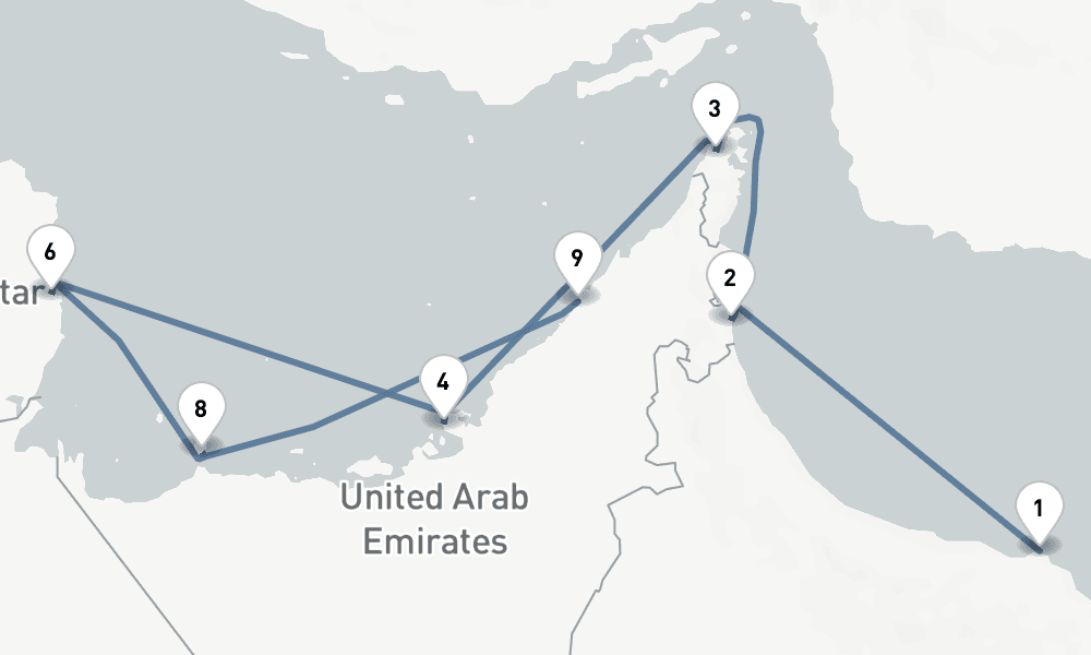 8 nights / 9 days, one-way from Muscat to Dubai (Port Rashid, UAE)