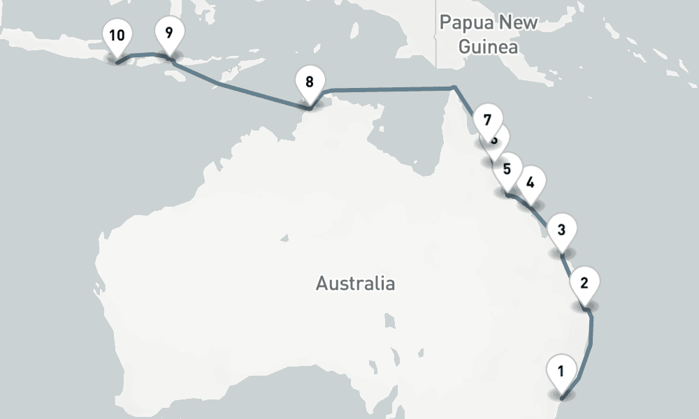 19 nights / 20 days, one-way from Sydney (NSW, Australia) to Benoa (Bali, Indonesia)