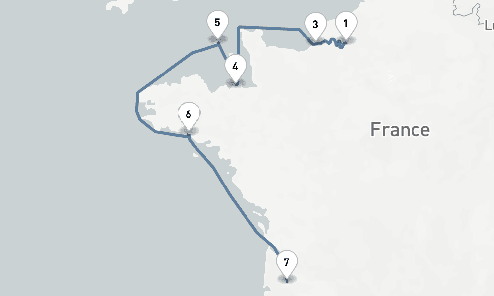 7 nights / 8 days, one-way from Rouen to Bordeaux