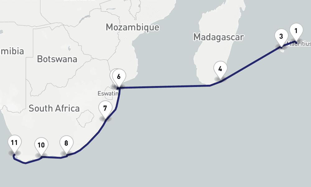 16 nights / 17 days, one-way from Port Louis (Mauritius Island) to Cape Town
