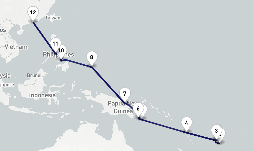 22 nights / 23 days, one-way from Lautoka to Hong Kong
