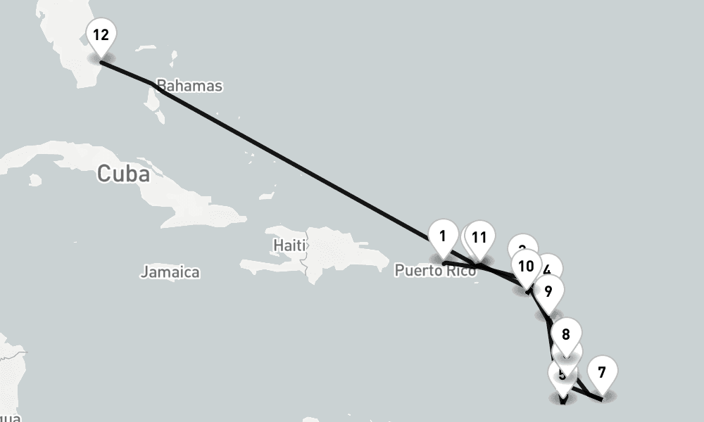 14 nights / 15 days, one-way from San Juan (Puerto Rico) to Fort Lauderdale (Everglades, Florida)