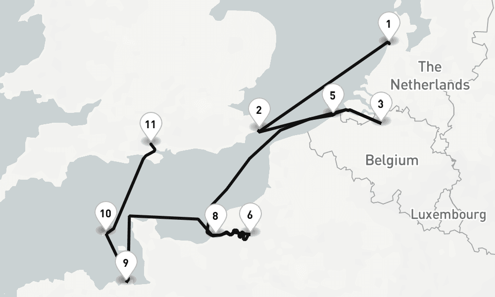 11 nights / 12 days, one-way from IJmuiden (Holland) to Southampton (England)