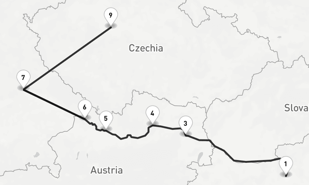 9 nights / 10 days, one-way from Budapest to Prague (Czech Republic)