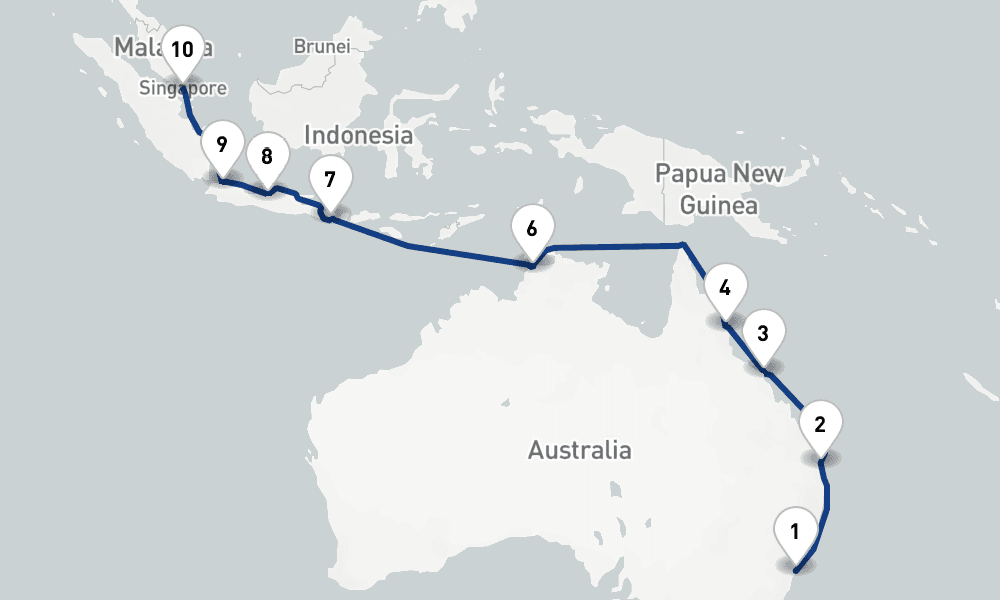 19 nights / 20 days, one-way from Sydney (NSW, Australia) to Singapore