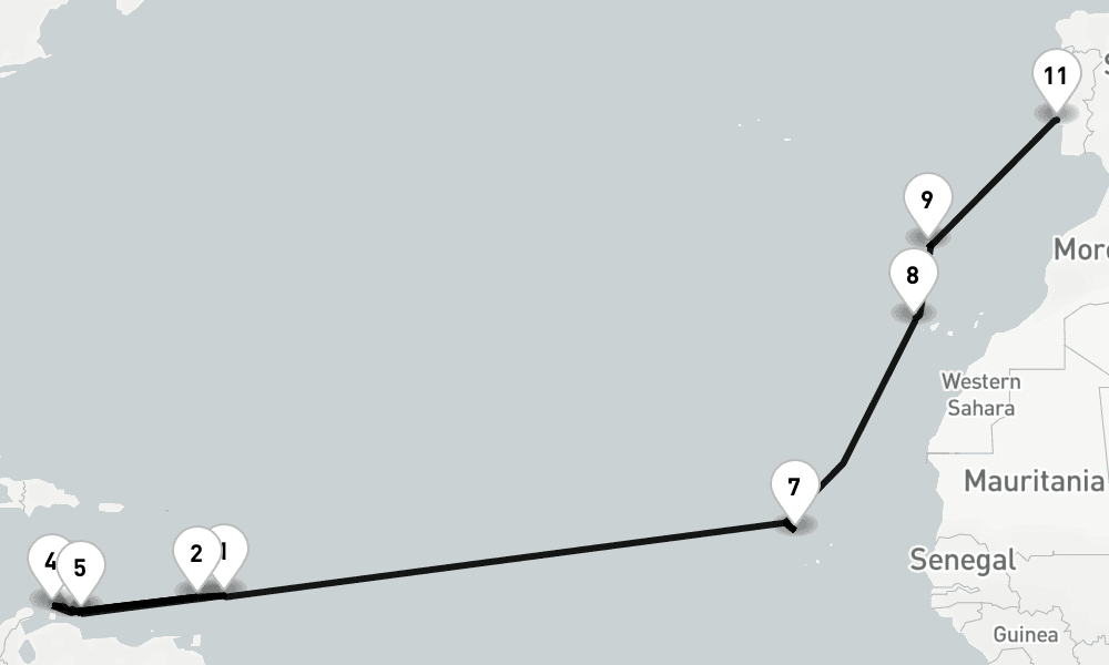 20 nights / 21 days, one-way from Bridgetown (Barbados) to Lisbon