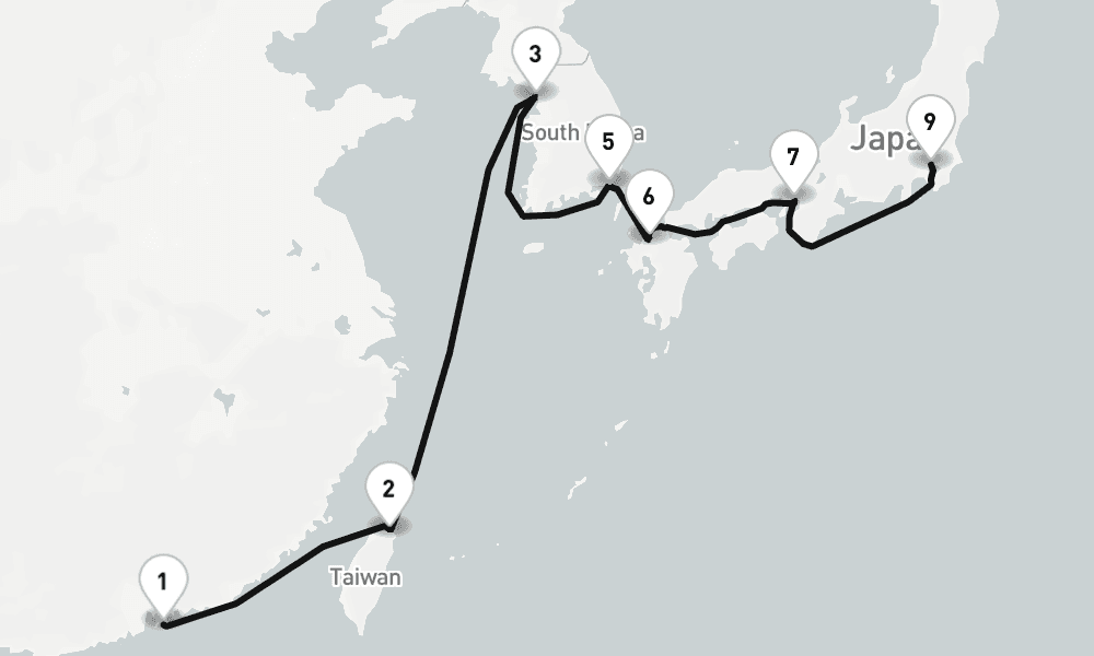 14 nights / 15 days, one-way from Hong Kong to Tokyo