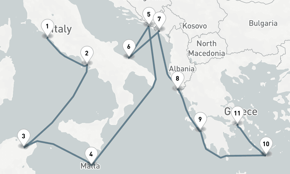 13 nights / 14 days, one-way from Civitavecchia (Rome, Italy) to Piraeus (Athens, Greece)