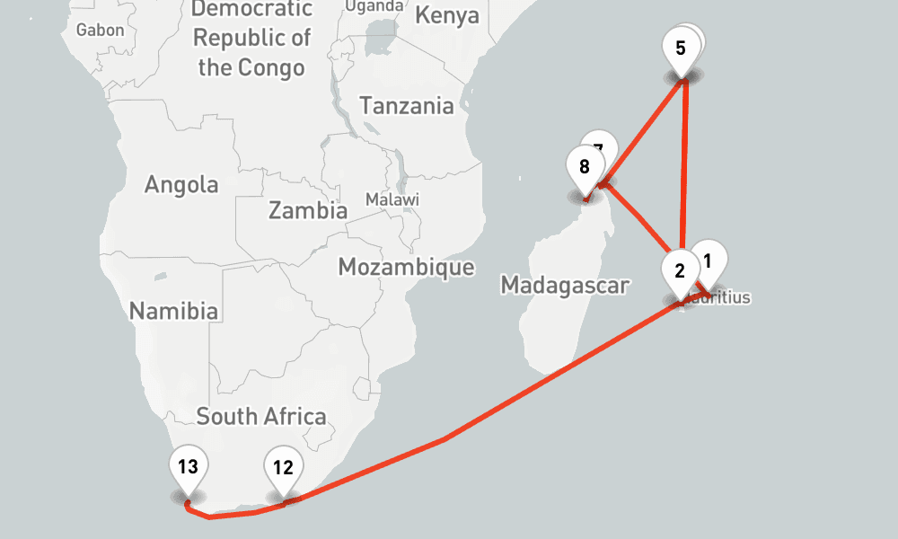 22 nights / 23 days, one-way from Port Louis (Mauritius Island) to Cape Town
