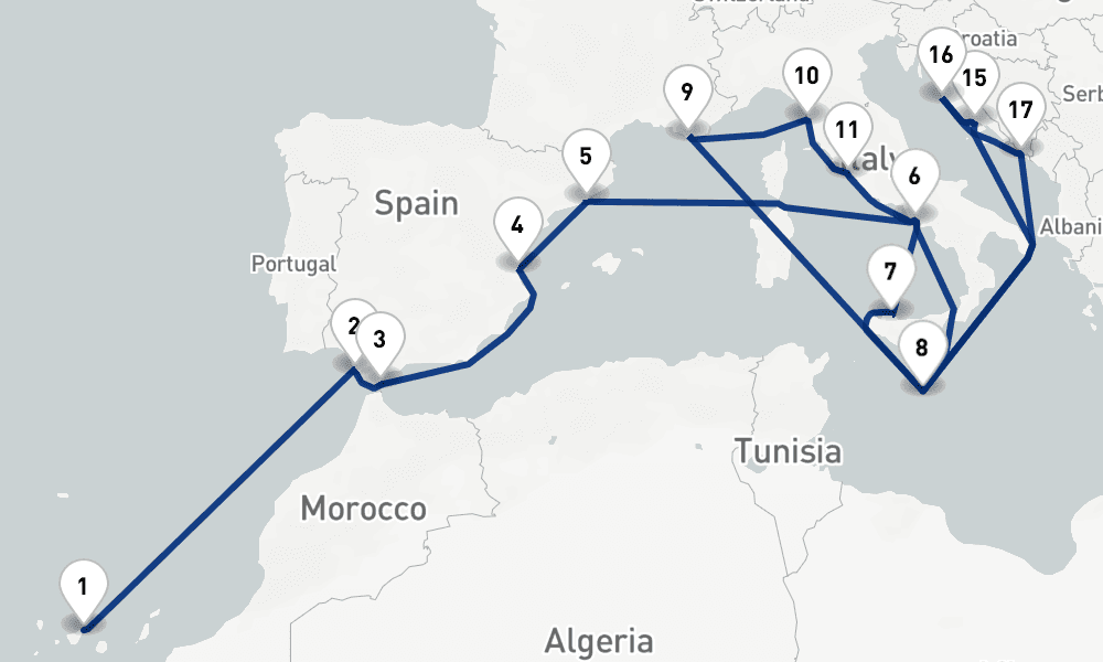 27 nights / 28 days, one-way from Santa Cruz de Tenerife (Canary Islands) to Valletta