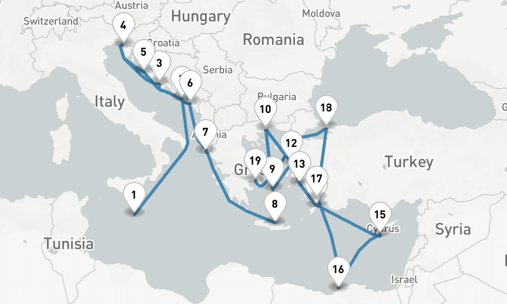 32 nights / 33 days, one-way from Valletta to Piraeus (Athens, Greece)