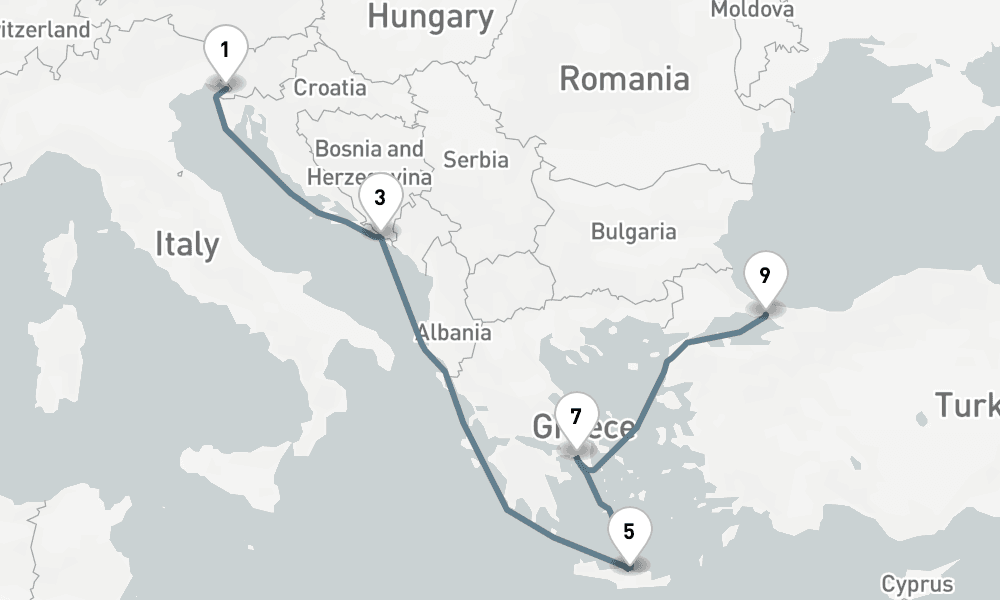 12 nights / 13 days, one-way from Trieste to Istanbul
