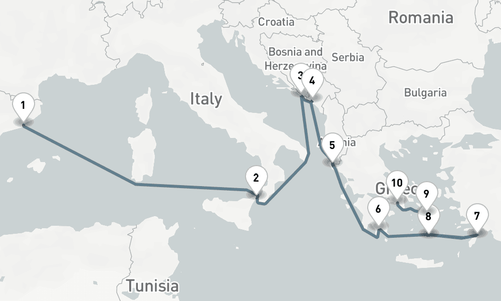 12 nights / 13 days, one-way from Barcelona to Piraeus (Athens, Greece)