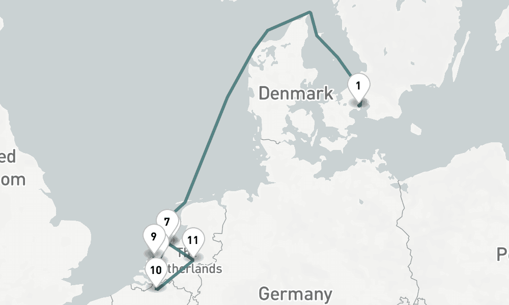 10 nights / 11 days, one-way from Copenhagen to Amsterdam (Holland)