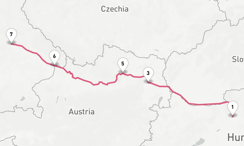 7 nights / 8 days, one-way from Budapest to Regensburg
