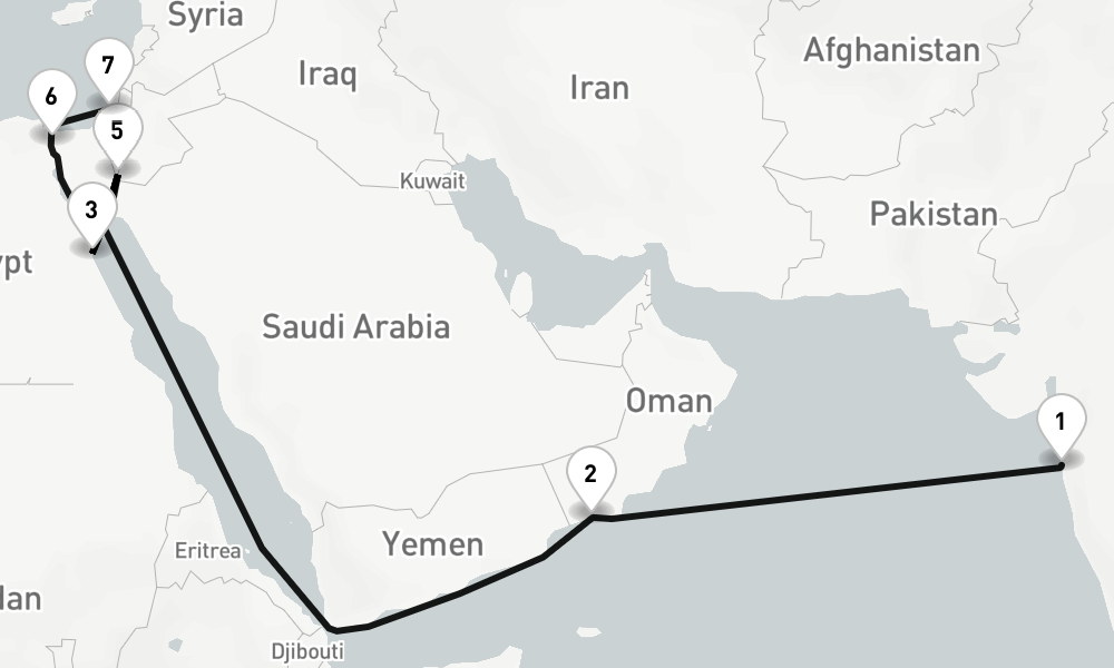 14 nights / 15 days, one-way from Mumbai (Bombay, India) to Ashdod (Jerusalem, Israel)