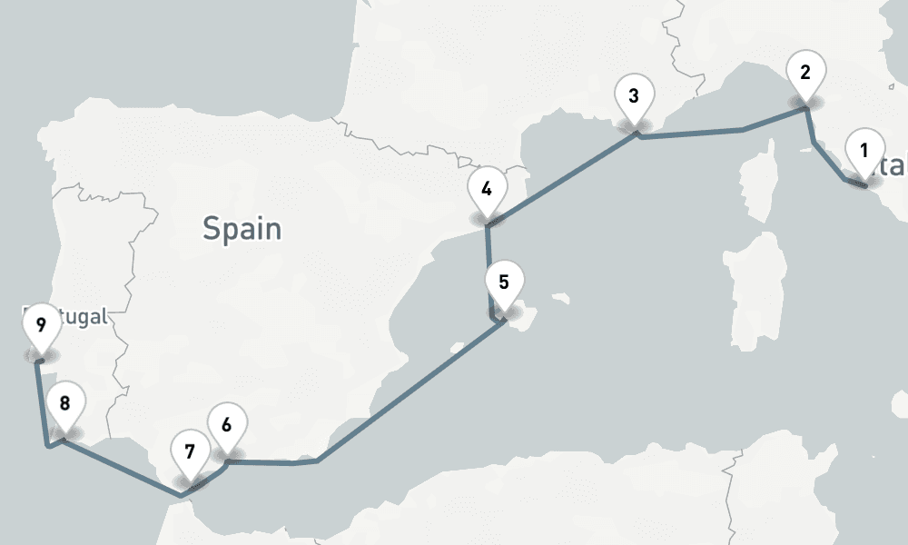 10 nights / 11 days, one-way from Civitavecchia (Rome, Italy) to Lisbon
