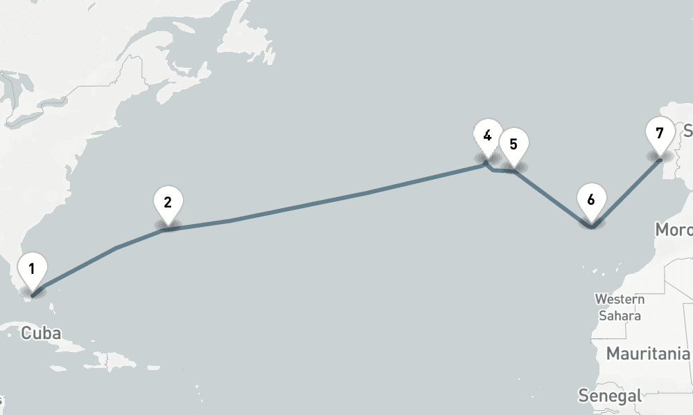 14 nights / 15 days, one-way from Miami (Florida) to Lisbon