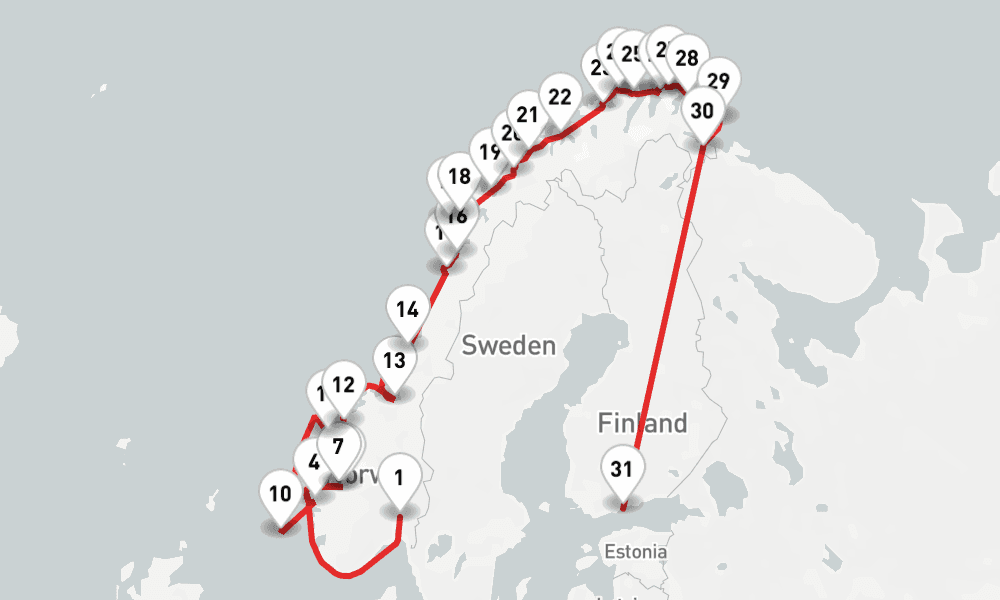 13 nights / 14 days, one-way from Oslo to Helsinki