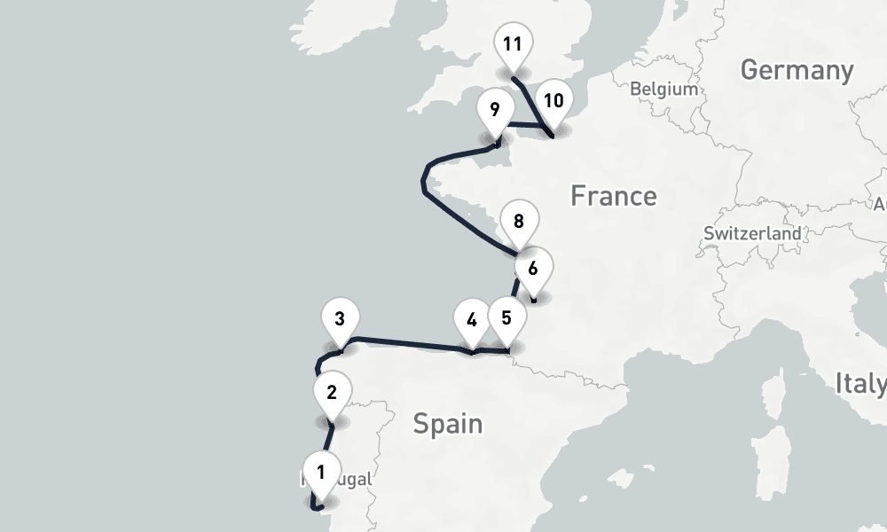 11 nights / 12 days, one-way from Lisbon to Southampton (England)